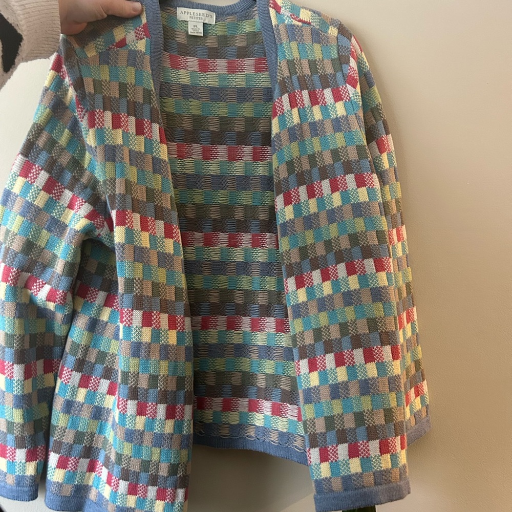 Appleseed's Multicolor Check Knit Cardigan - Blue, Red, Yellow, Green, Gray